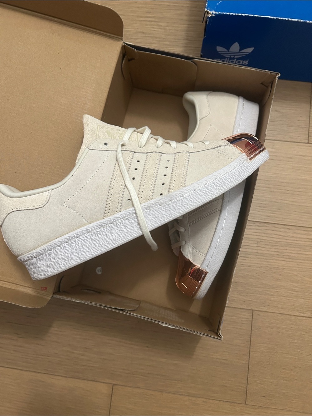 adidas Cream Suede Sneakers with Rose Gold Toe Cap